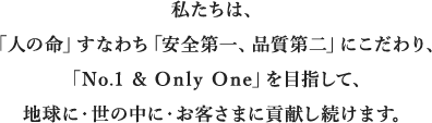 私たちは、「人の命」すなわち「安全第一、品質第二」にこだわり、「No1 & Only One」を目指して、地球に・世の中に・お客さまに貢献し続けます。